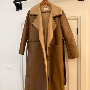 OAK + FORT Brown Faux Leather Trench Coat with Cream Shearling